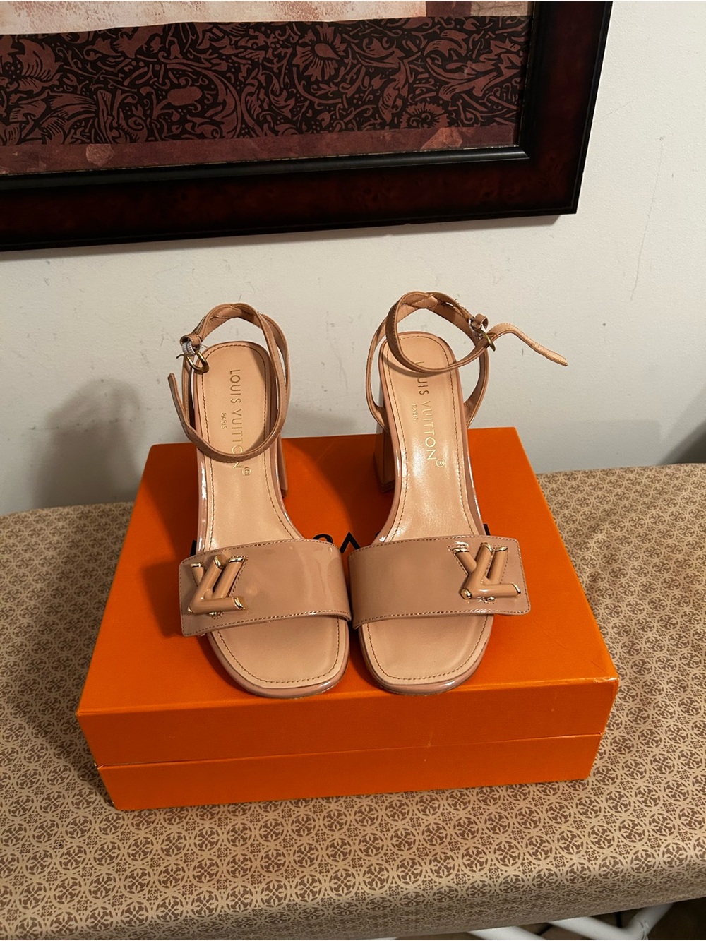 Louis Vuitton Nude/Tan Leather Ankle-Strap Heels with LV Hardware